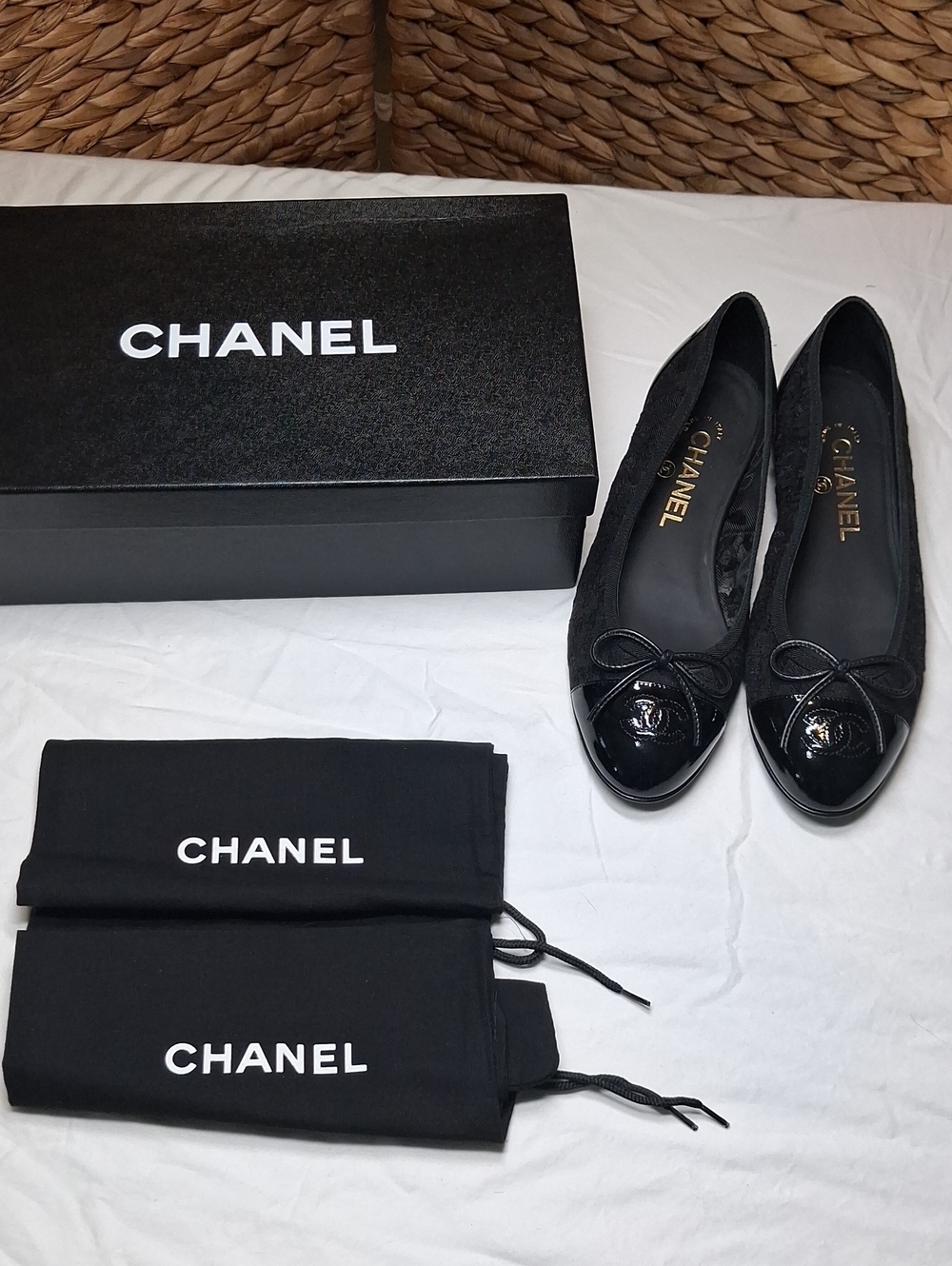 CHANEL Black Suede and Patent Cap-Toe Ballet Flats
